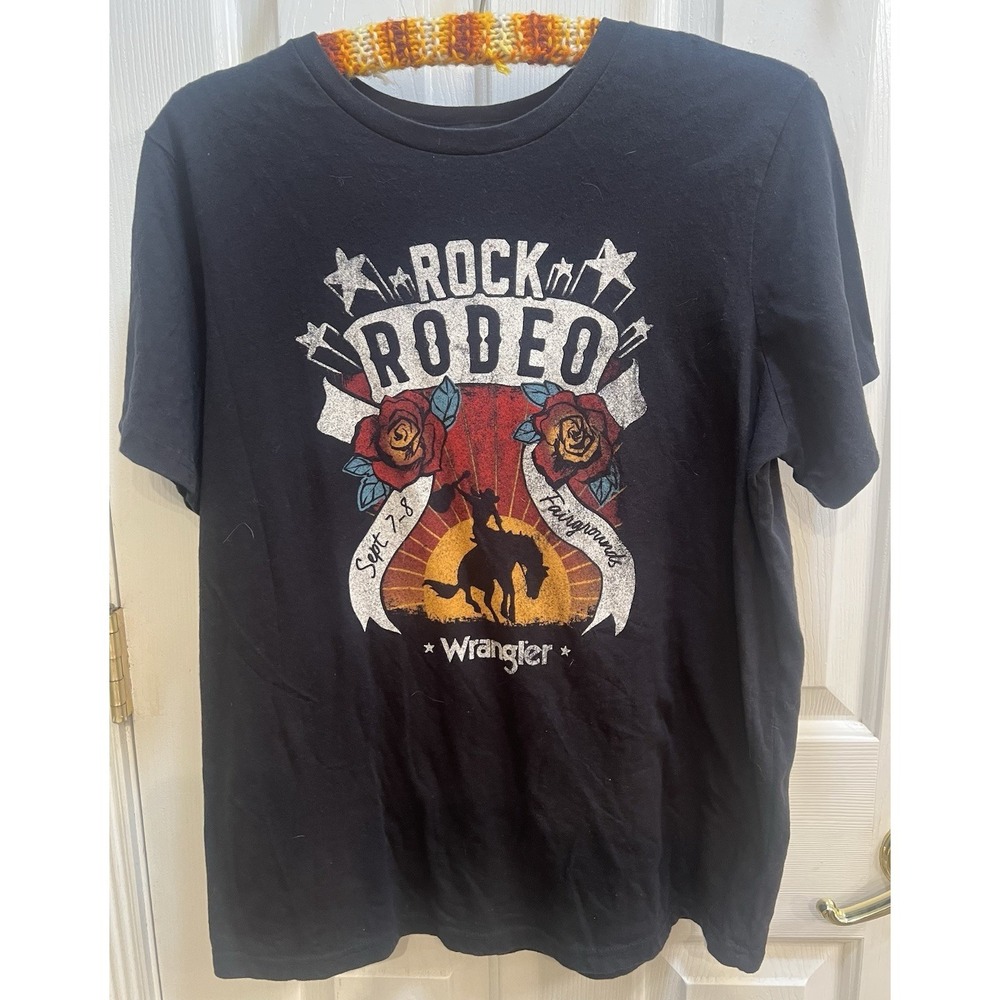 WRANGLER Women's Black Retro Rock Rodeo Size L T-Shirt Cowgirl